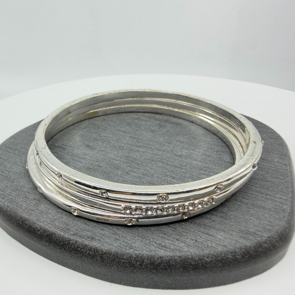 Silver Tone Rhinestone Bangle Bracelets Set Stacking Minimalist Layering Chic